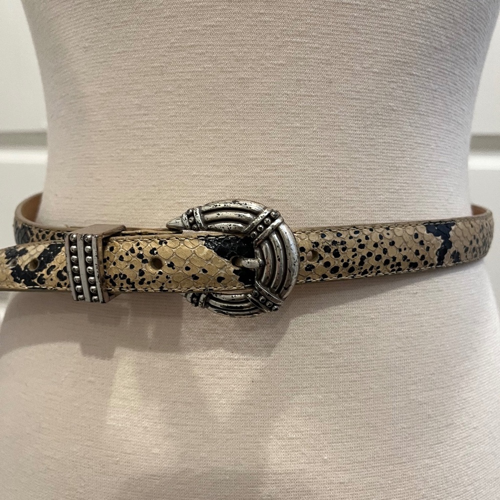 Brighton Belt Vintage 1995 Leather, Snake Print Design, silver tone buckle, Med.
